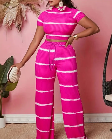 Pink Color Block Women's Fashion Two Pieces Set