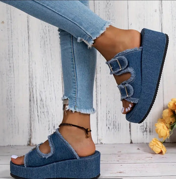 Women's Denim Platform Sandals With Comfortable Mid-Heels